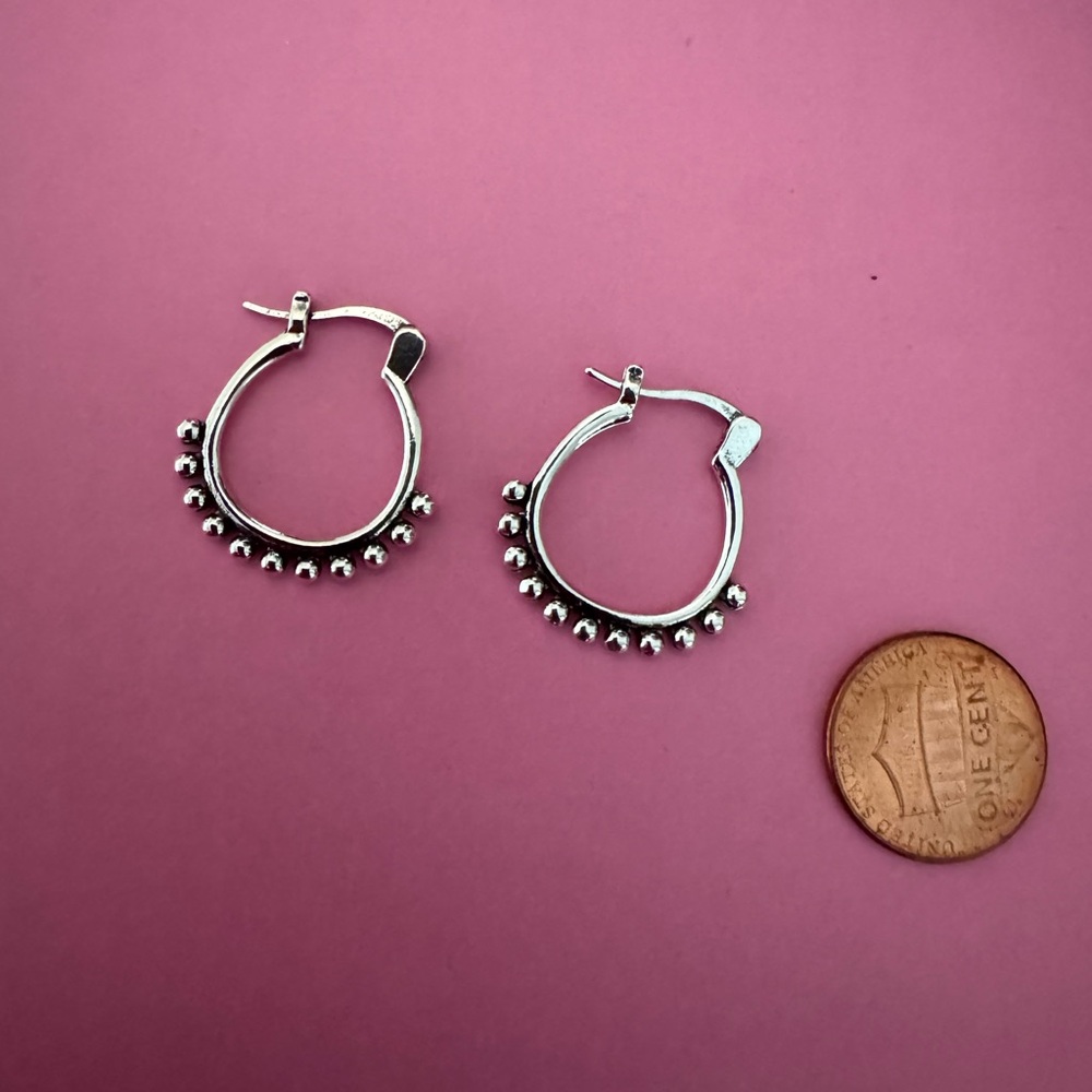 Silver Hoop Earrings with Beaded Detail - Picture 3 of 3